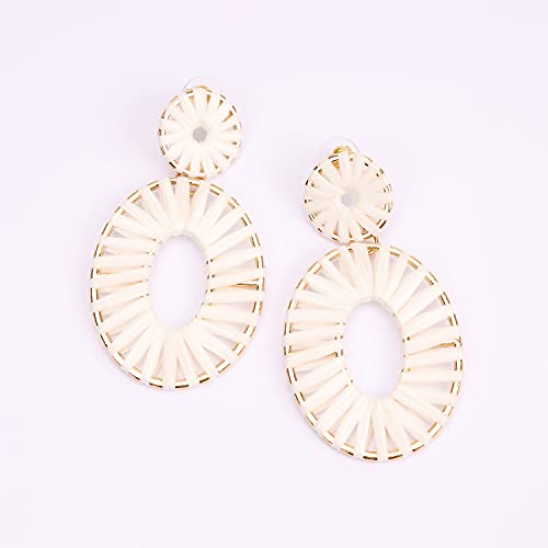 BaubleStar Raffia Tassel Fringe Rattan Hoop Drop Statement Earrings White Tiered Thread Handmade Round Oval Cirle Dangle Fashion Jewelry for Women - Image 3