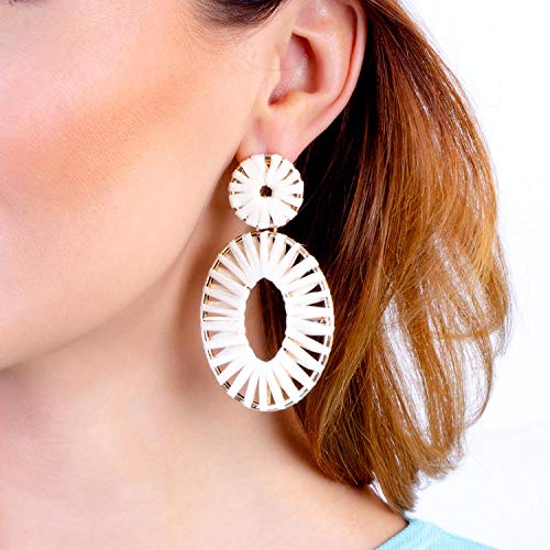 BaubleStar Raffia Tassel Fringe Rattan Hoop Drop Statement Earrings White Tiered Thread Handmade Round Oval Cirle Dangle Fashion Jewelry for Women - Image 2