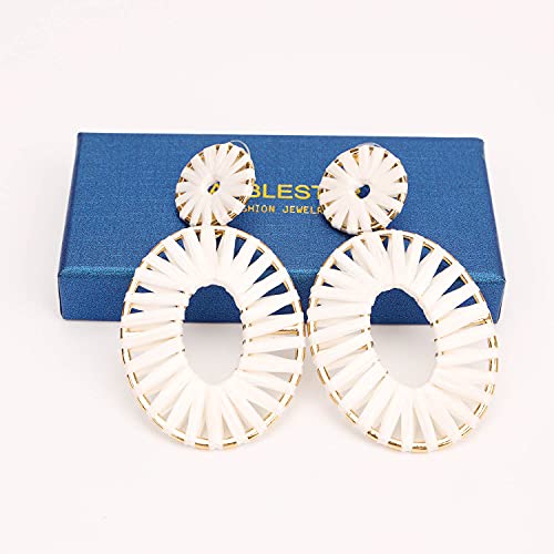BaubleStar Raffia Tassel Fringe Rattan Hoop Drop Statement Earrings White Tiered Thread Handmade Round Oval Cirle Dangle Fashion Jewelry for Women - Image 5