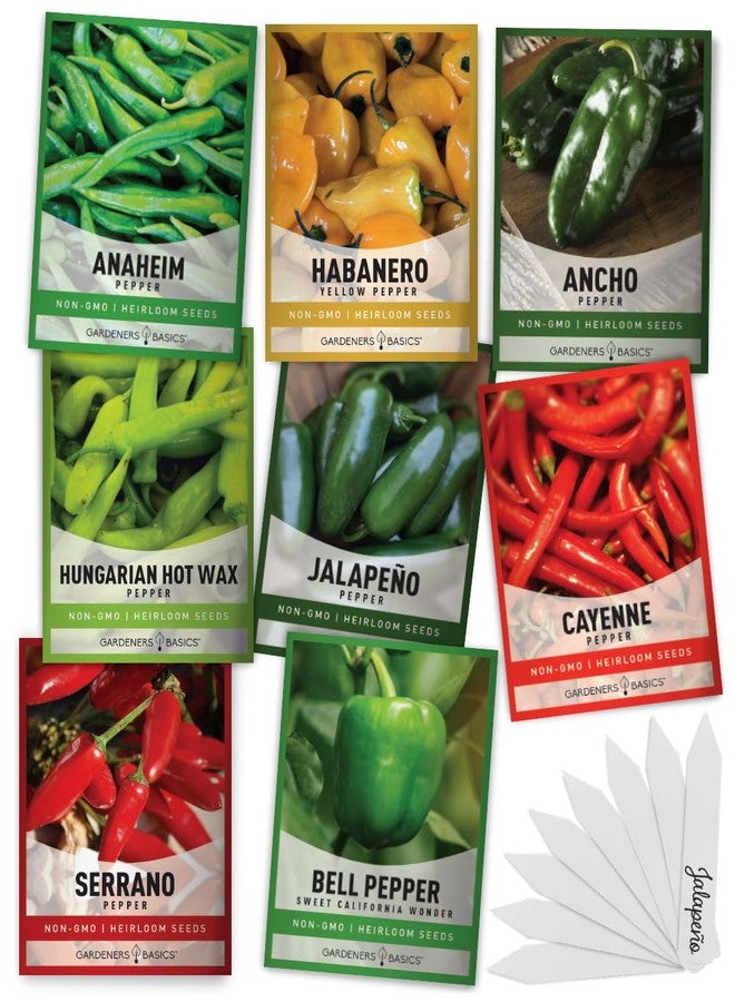 Gardeners Basics أساسيات البستانيين، بذور الفلفل للزراعة 8 أنواع عبوة، هالبينو، هابانيرو، فلفل حلو، كايين، شمع حار هنغاري، أنهايم، سيرانو، بذور كوبا نيل للإرث للزراعة في الحديقة غير معدلة وراثيًا - Image 1