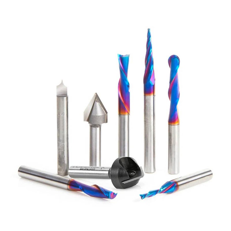 Amana Tool Spektra Coated Solid Carbide CNC VGroove Point Roundover and MultiPurpose Router Bit Pack AMS177K 8Pc 14 Inch Shank in Wooden Box