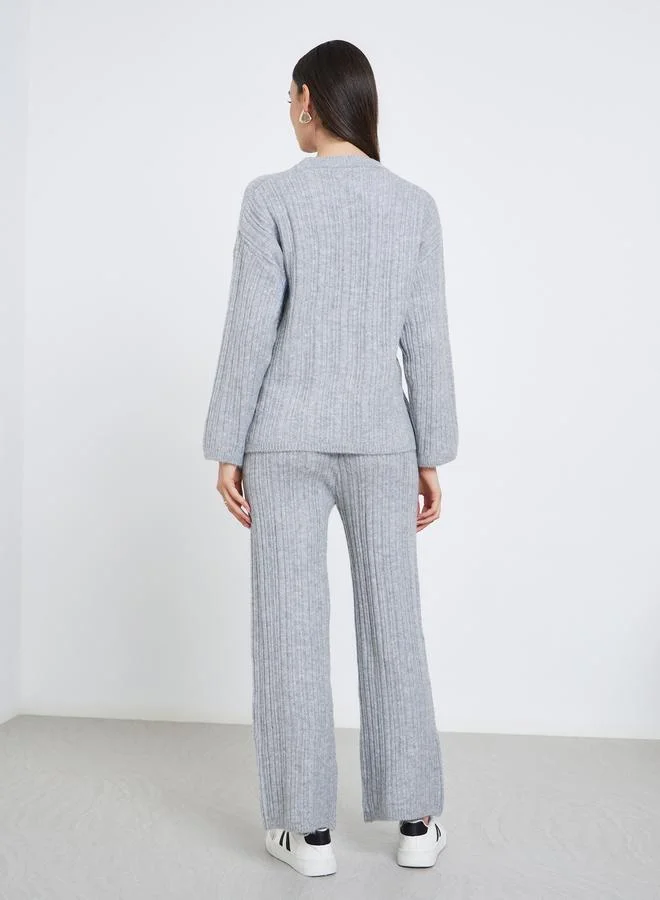 Styli Styli Grey Ribbed Knit Sweater and Pants Co-Ords