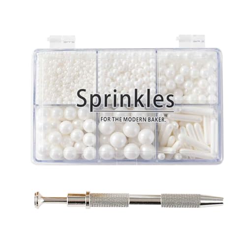 Kasvan White Mix Sugar Sprinkles  Edible Candy Pearls with 4Claw Sprinkle Pen118g416 Oz Gift Box Pack Baking Cake Decorations Ice Cream Toppings and Cookie Decorating Wedding Party Chirstmas Supplies - Image 1