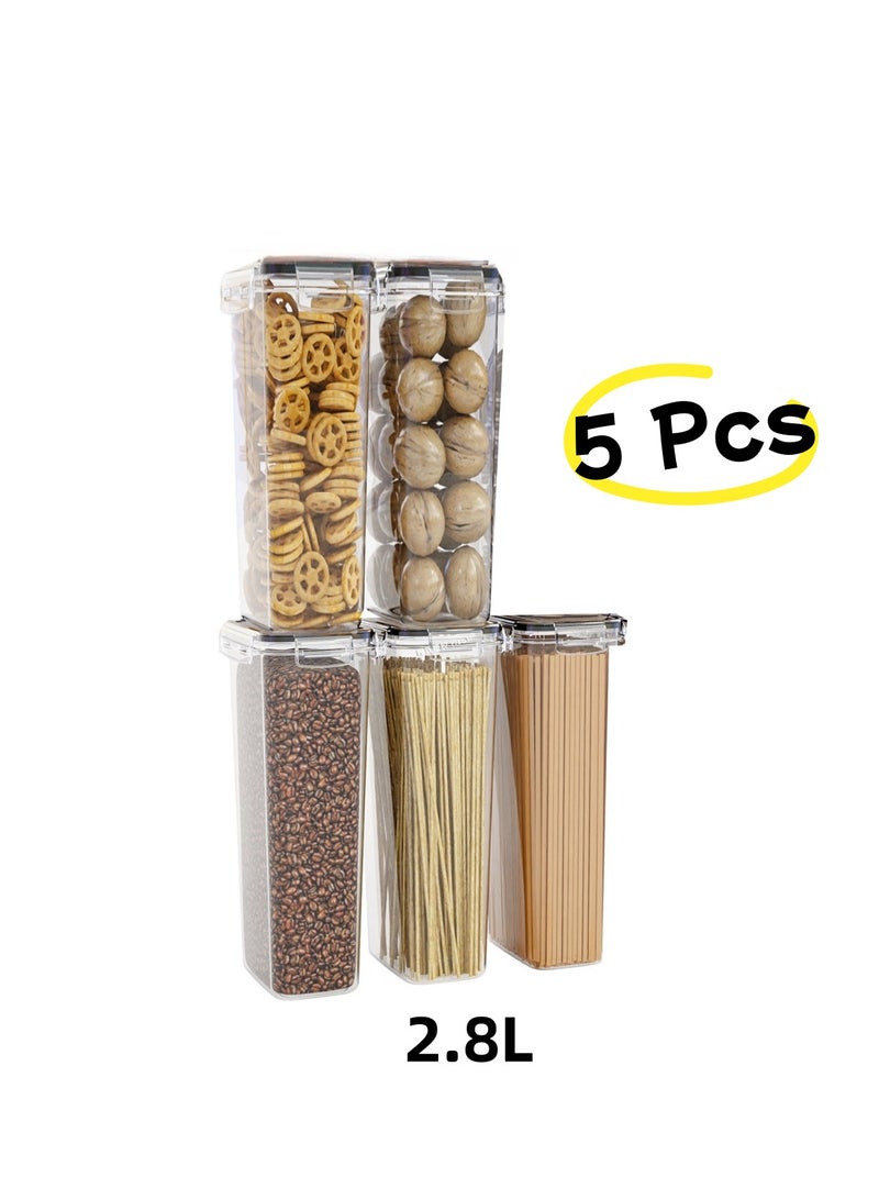 5 Pcs Cereal and Dry Food Storage Containers Food Storage BoAirtight Food Storage Containers Set - Plastic Kitchen Canisters for Cereal, Flour, Sugar, pasta, rice - kitchen Organizer Storage with Labels, Marker, Measuring Spoon & Cups  - Image 1