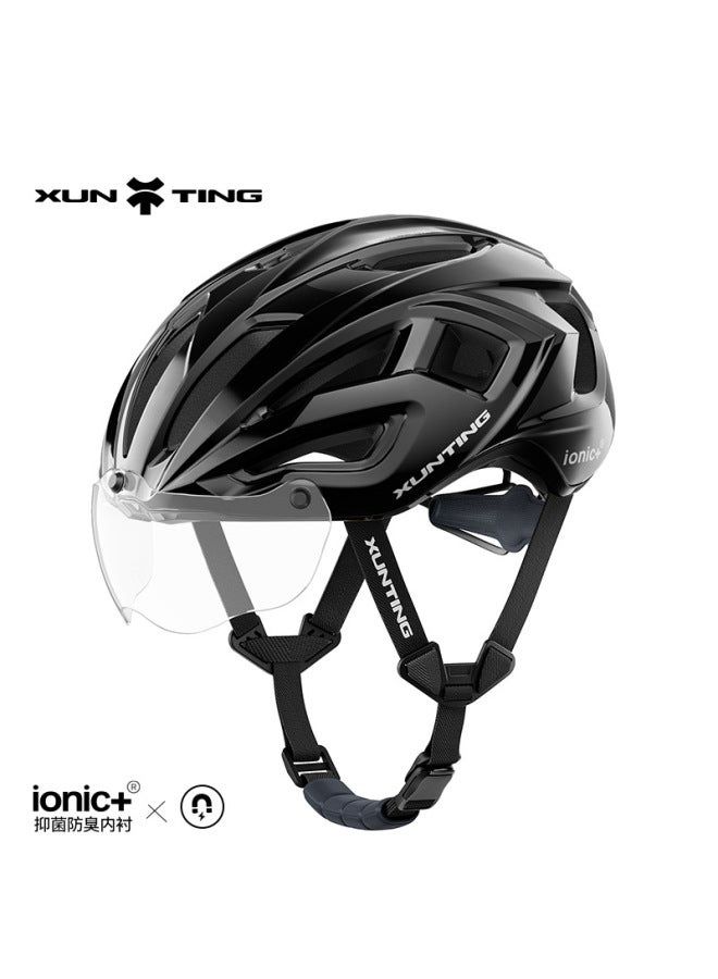 Xunteng Cycling Helmet Mountain Road Bicycle Safety Helmet for Men and Women, One-piece Comfortable Breathable Commuting Helmet, Glossy Black, EU Dual Certification, with Day and Night Dual-Purpose Photochromic Glasses