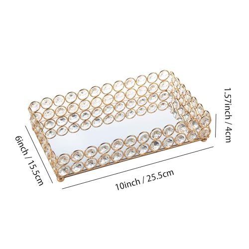 Feyarl 10 Inch Crystal Cosmetic Perfume Tray Vanity Makeup Jewelry Trinket Organizer Mirrored Decorative Tray Storage Home Deco Wedding Dresser Birthday Gift (Gold) - Image 3