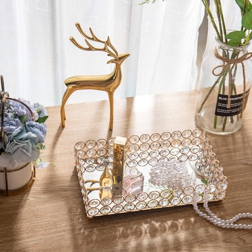 Feyarl 10 Inch Crystal Cosmetic Perfume Tray Vanity Makeup Jewelry Trinket Organizer Mirrored Decorative Tray Storage Home Deco Wedding Dresser Birthday Gift (Gold) - Image 5