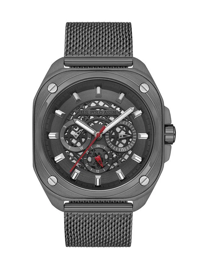 يو اس بولو اسن U.S. Polo Assn. Crossing 43.50mm Men's Watch with Gun-Tone Skeleton Dial and Stylish Milanese Mesh Band - A Statement of Modern Elegance