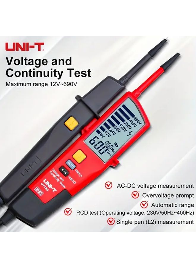 UNI T Heavy Duty Voltage Continuity Tester With RCD Tester 6V 690V AC DC 3 Phase Voltage Detector IP65 Voltage Tester UT18D Waterproof - Image 1