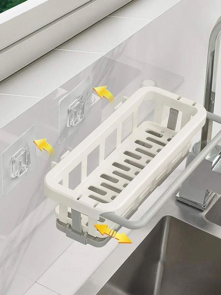 TYAGY Two Tone Hanging Drain Rack Retractable Storage Rack with Sponge Drain Tray Kitchen Bathroom Sink Tray with Drying Basket Kitchen Storage Organiser Multicolor Pack of 1 Pcs - Image 5