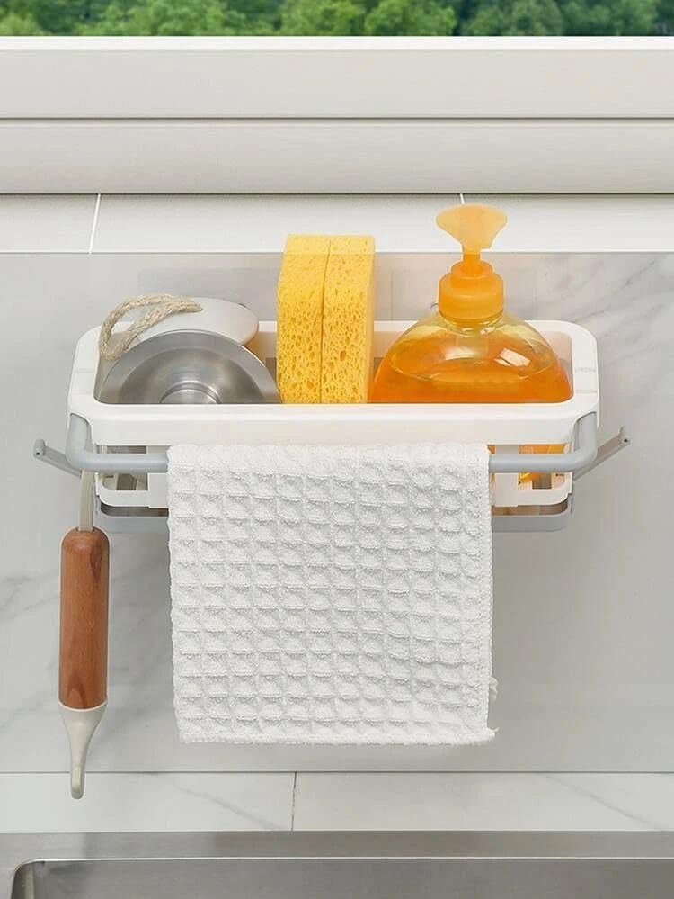 TYAGY Two Tone Hanging Drain Rack Retractable Storage Rack with Sponge Drain Tray Kitchen Bathroom Sink Tray with Drying Basket Kitchen Storage Organiser Multicolor Pack of 1 Pcs - Image 3