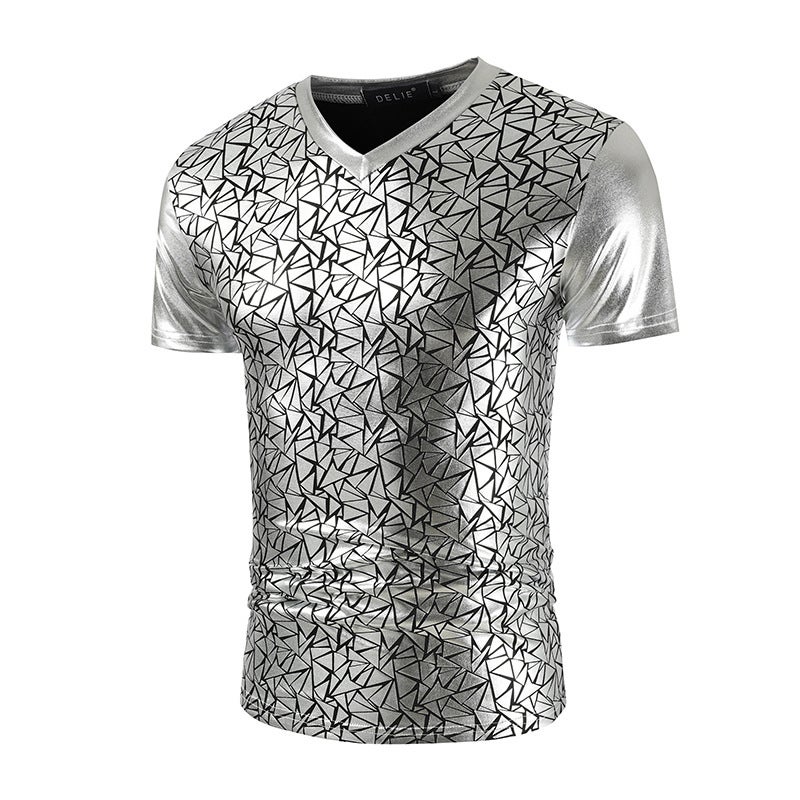 2022 Summer New Men's V-neck Short-sleeved T-shirt Trendy Men's Bright-faced Nightclub Style Casual T-shirt Bright-faced T-shirt - Image 3
