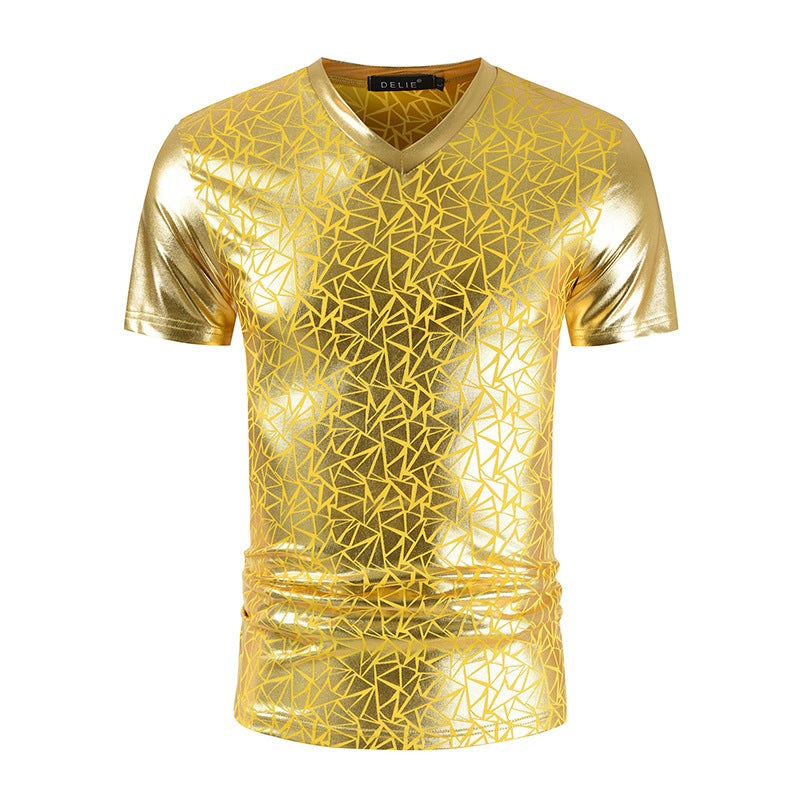 2022 Summer New Men's V-neck Short-sleeved T-shirt Trendy Men's Bright-faced Nightclub Style Casual T-shirt Bright-faced T-shirt - Image 1