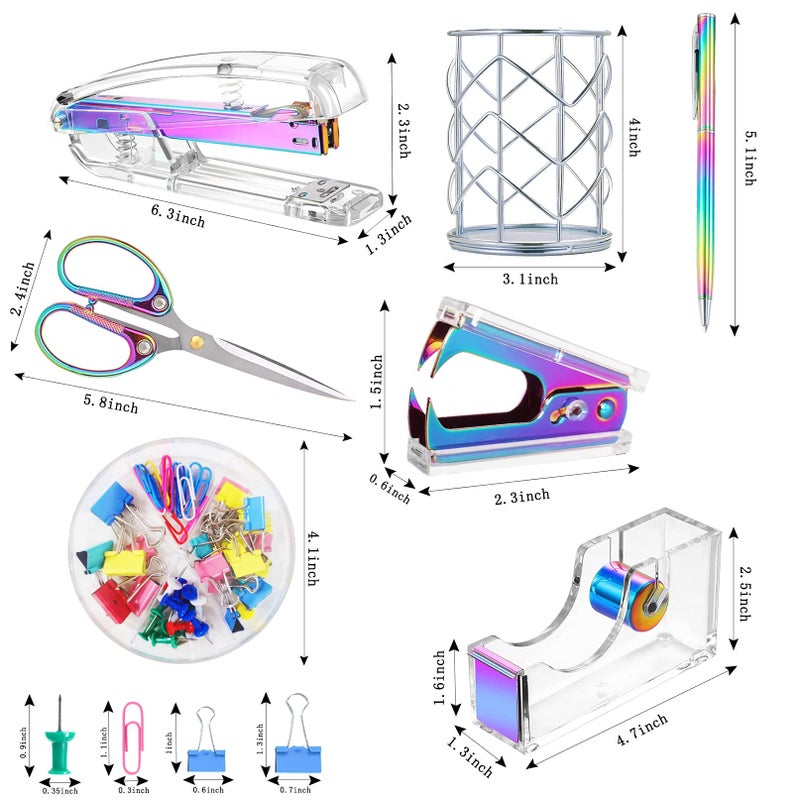 Famassi Dream Color Acrylic Stapler and Tape Dispenser Set, Office Supplies with Tape Dispenser, Stapler Remover, 2 Ballpoint Pen, Scissor, Binder Clips, Paper Clips and 1000pcs Staples - Image 2