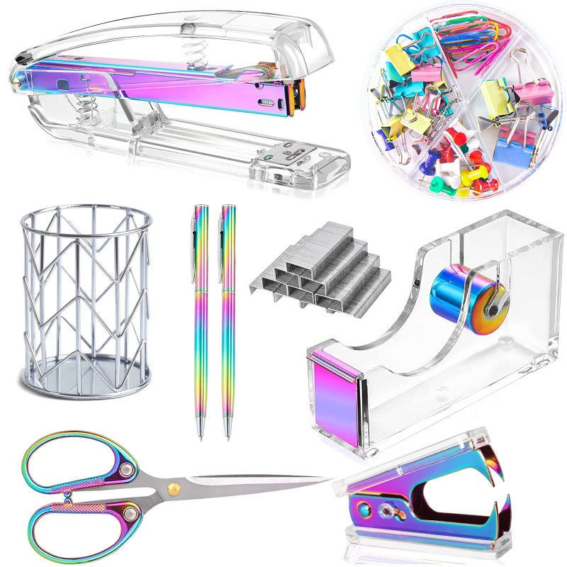 Famassi Dream Color Acrylic Stapler and Tape Dispenser Set, Office Supplies with Tape Dispenser, Stapler Remover, 2 Ballpoint Pen, Scissor, Binder Clips, Paper Clips and 1000pcs Staples - Image 1