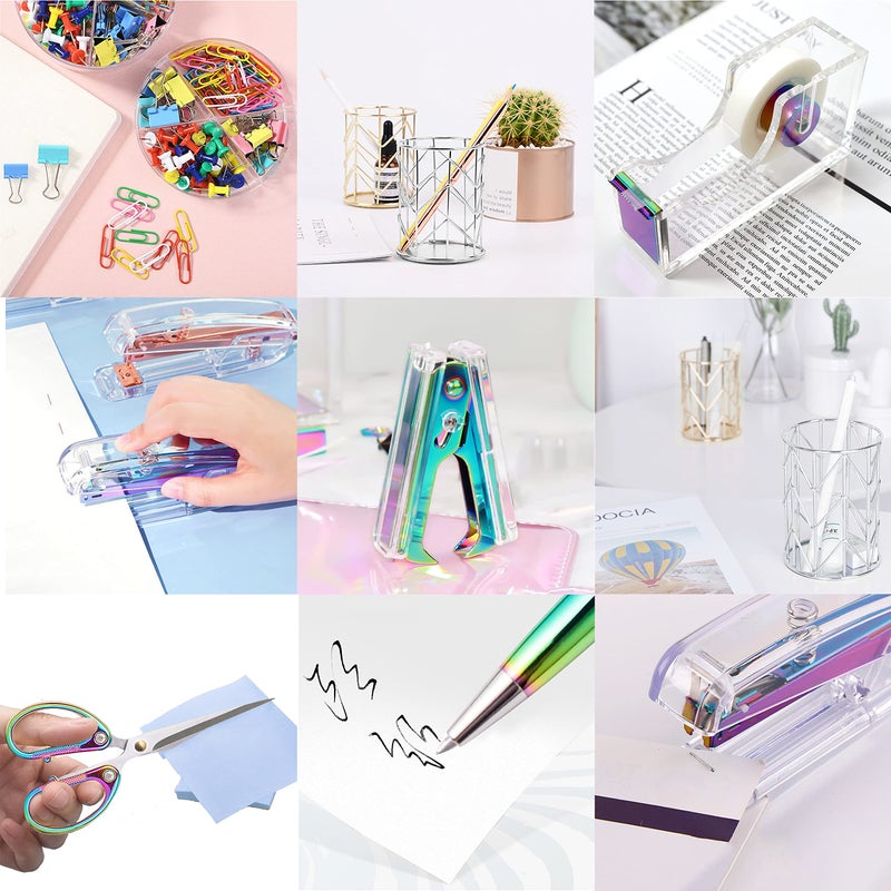 Famassi Dream Color Acrylic Stapler and Tape Dispenser Set, Office Supplies with Tape Dispenser, Stapler Remover, 2 Ballpoint Pen, Scissor, Binder Clips, Paper Clips and 1000pcs Staples - Image 5