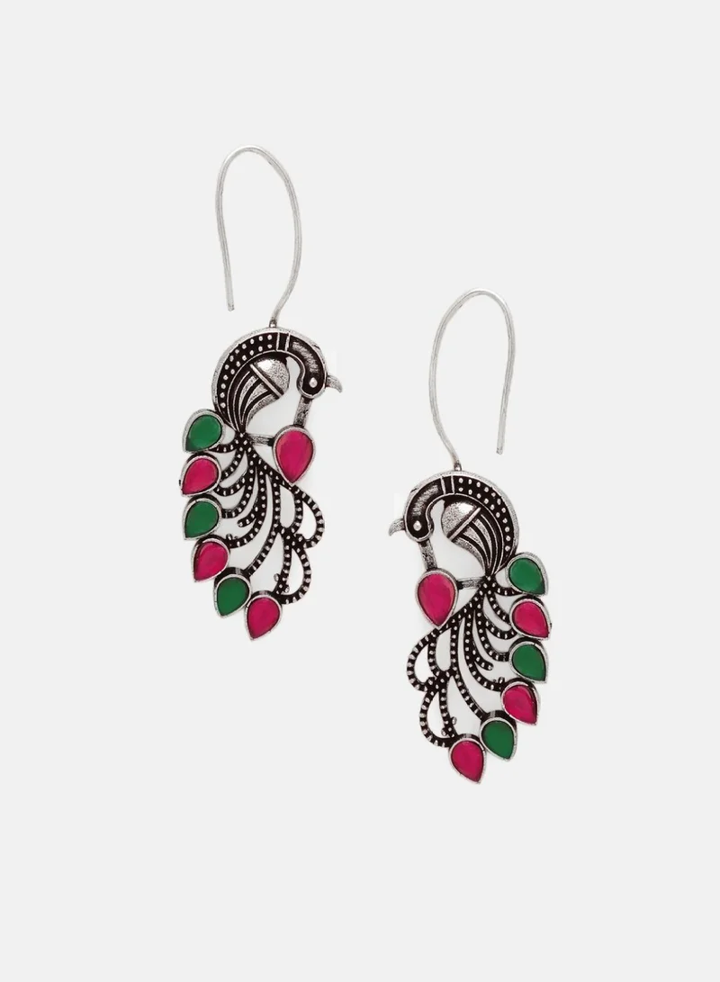 Priyaasi Artificial Stones Oxidized Peacock Shaped Drop Earrings