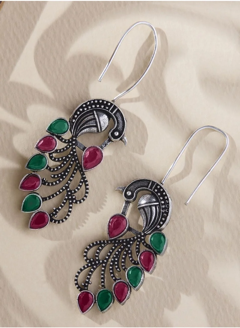 Priyaasi Artificial Stones Oxidized Peacock Shaped Drop Earrings