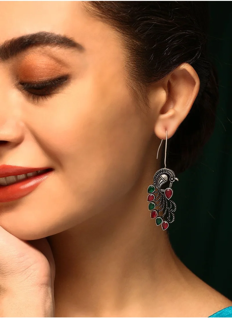 Priyaasi Artificial Stones Oxidized Peacock Shaped Drop Earrings