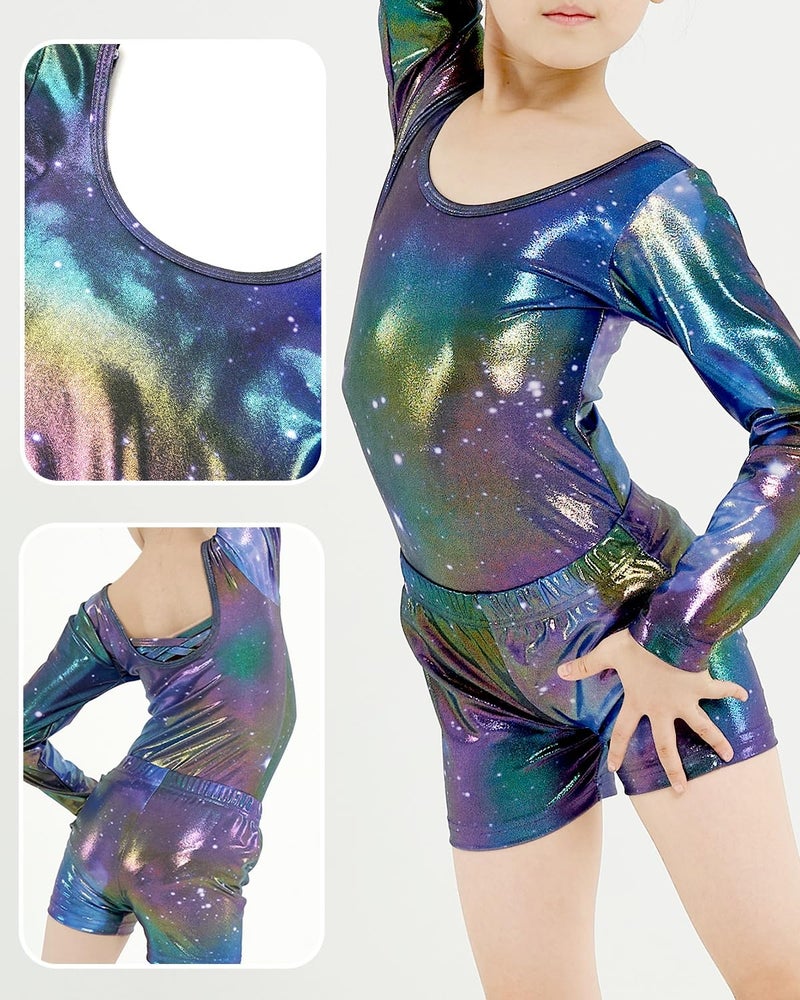 JiAmy Gymnastics Leotards for Girls Cross Back, Long Sleeve Sparkly Dance Biketards with Shorts Ballet Outfit for 8-9 Years Gradient Purple - Image 3