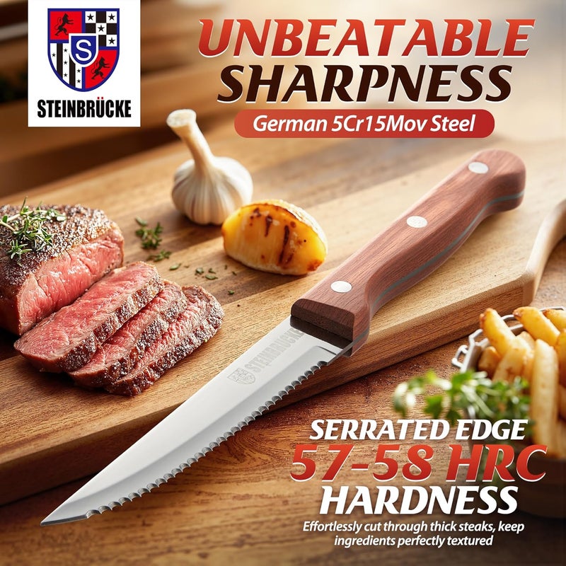 Elemake Steak Knife Set - Steak Knife with Wooden Handle, Knives Set for Kitchen, Serrated Steak Knives Set of 8, Classic Full Tang Design, 5Cr15Mov Stainless Steel Blade - Image 2