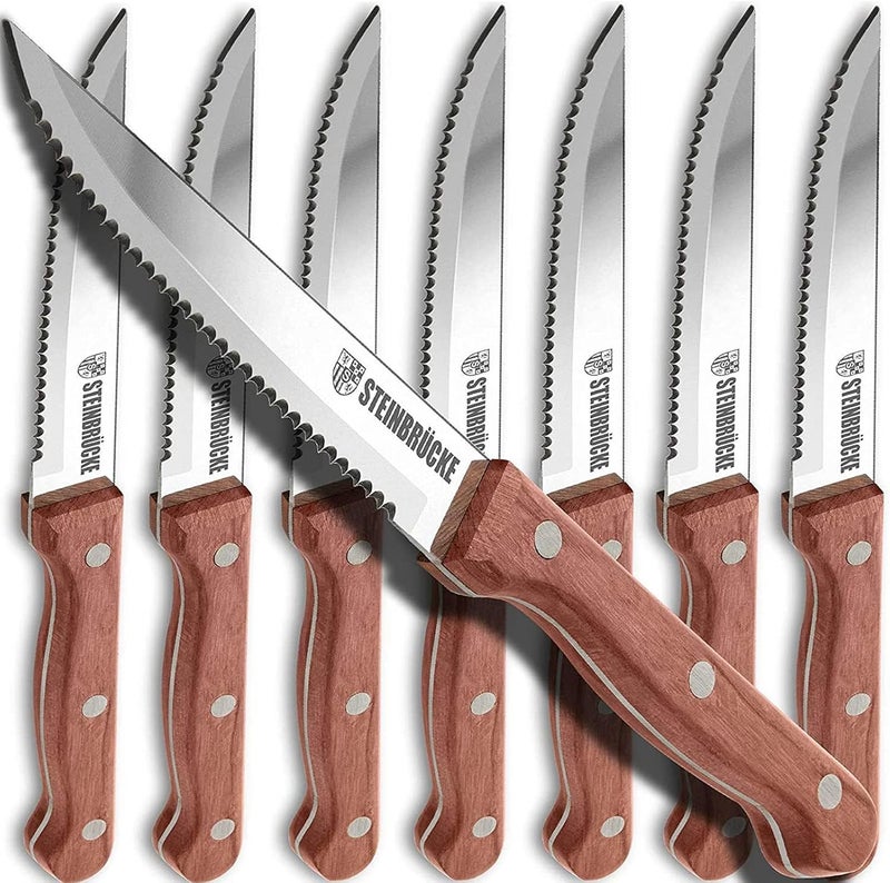 Elemake Steak Knife Set - Steak Knife with Wooden Handle, Knives Set for Kitchen, Serrated Steak Knives Set of 8, Classic Full Tang Design, 5Cr15Mov Stainless Steel Blade - Image 1