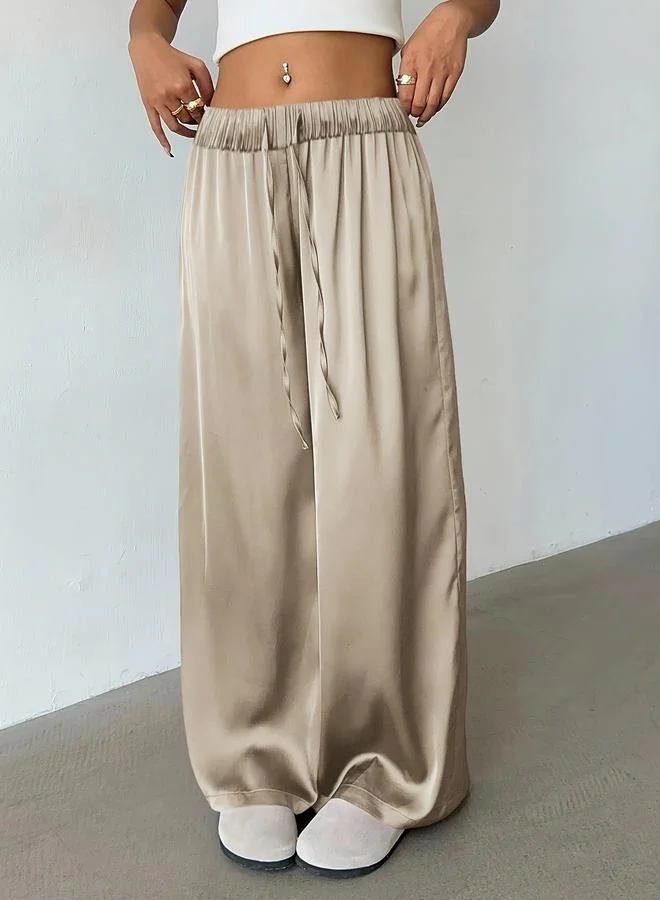 تايك تو Khaki Wide Leg Satin Trousers
