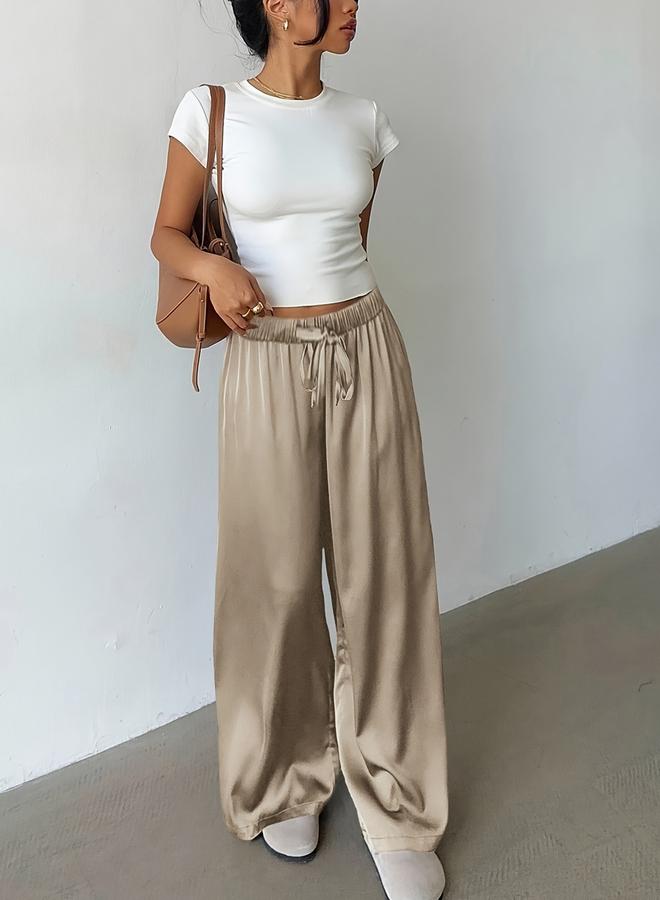 Take Two Khaki Wide Leg Satin Trousers - Image 5
