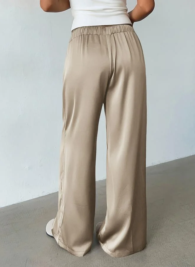 تايك تو Khaki Wide Leg Satin Trousers