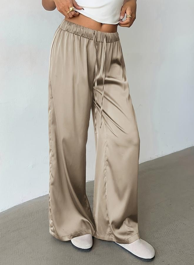 Take Two Khaki Wide Leg Satin Trousers - Image 3