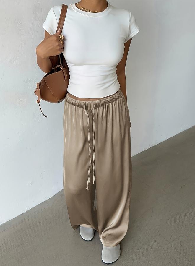 Take Two Khaki Wide Leg Satin Trousers - Image 4