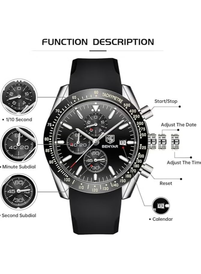 BENYAR Watches for men Waterproof Chronograph Date Watch for Men Rubber Strap Quartz Movement Analog Watch Business Casual Gift for Men Dawn Clock - Image 5