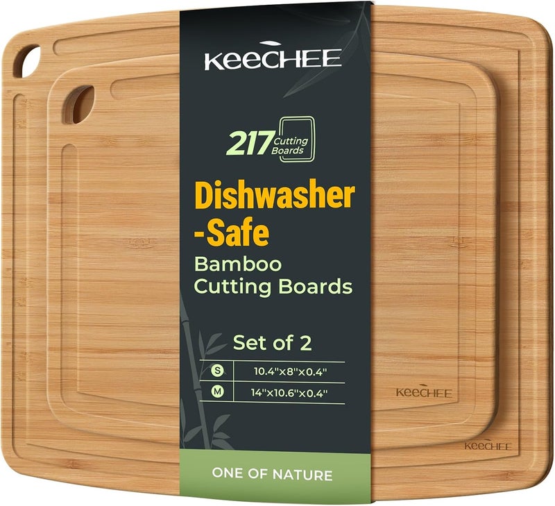 keechee Dishwasher Safe Bamboo Cutting Boards Durable Lightweight Wood Cutting Board for Busy Kitchen, Easy Storage & Clean Wooden Chopping Boards with Juice Groove Set of 2 (M+S) - Image 1