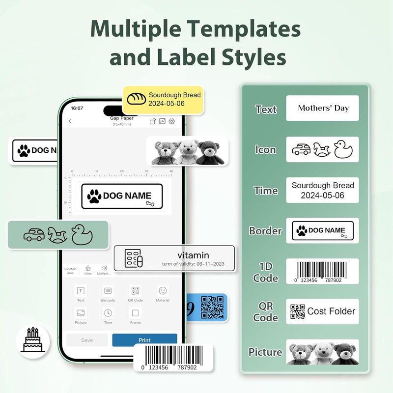 TYPONOS P21 Label Maker Machine with Tape, Bluetooth Label Printer Portable Mini Label Makers Built-in Cutter Sticker Maker with Multiple Templates Use for School Office Home, Green - Image 3