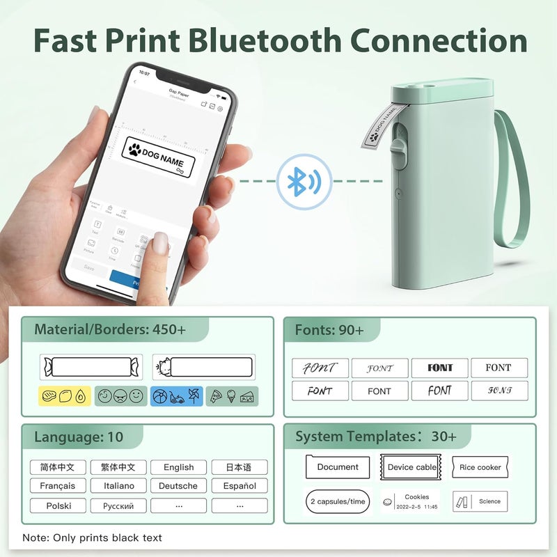 TYPONOS P21 Label Maker Machine with Tape, Bluetooth Label Printer Portable Mini Label Makers Built-in Cutter Sticker Maker with Multiple Templates Use for School Office Home, Green - Image 2