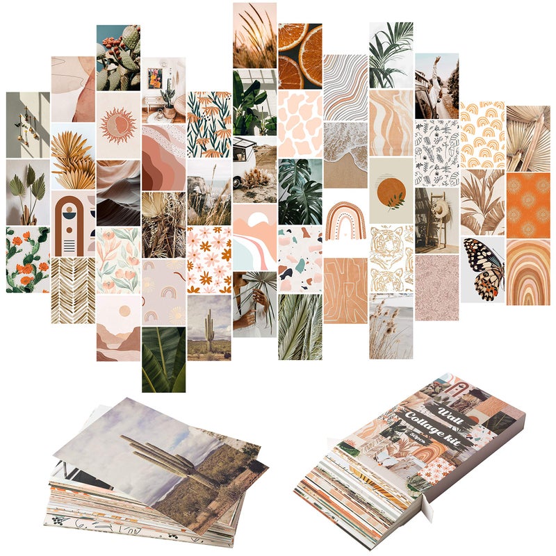 50PCS Boho Aesthetic Pictures Wall Collage Kit Peach Teal Photo Collection Collage Dorm Decor for Girl Teens and Women Orange Boho Wall Prints Kit Small Posters for Room Bedroom Aesthetic