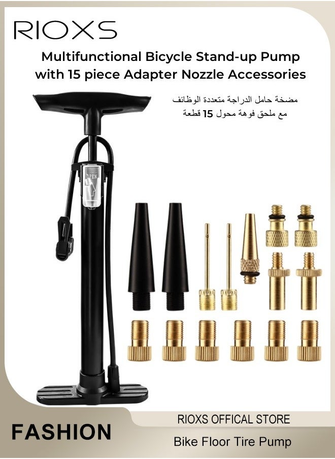 RIOXS Bike Floor Pump,Universal High-pressure Inflatable Tube Pump,Bicycle Tire Pump With 15 Pcs Adapter Nozzle Accessories,Inflator For MTB BMX Tires, Balls, Balloons, Inflatables,Cycling Pumps For Indoor Outdoor Use  - Image 1