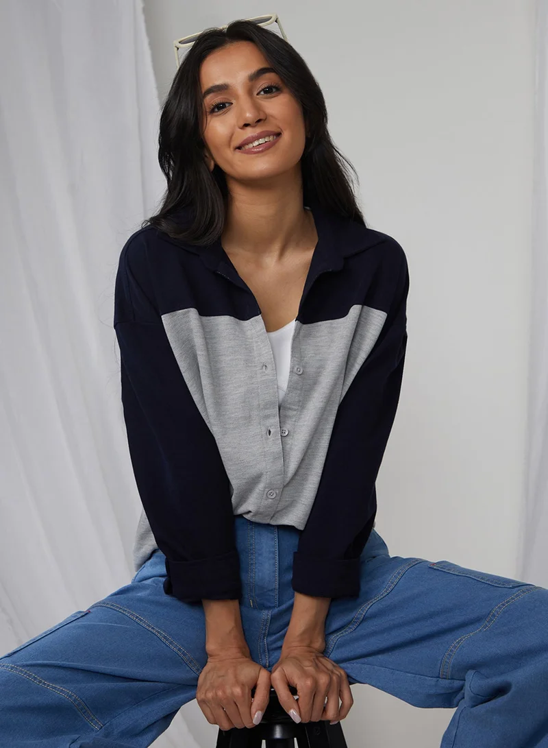 Pinacolada  Women's Midnight Black & Moon Grey Boxy Contrast Panel Shirt  | Best Price UAE