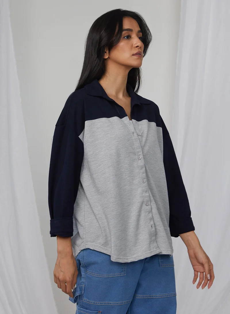 Pinacolada  Women's Midnight Black & Moon Grey Boxy Contrast Panel Shirt  | Best Price UAE