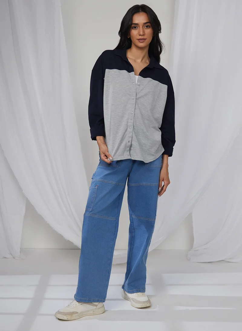 Pinacolada  Women's Midnight Black & Moon Grey Boxy Contrast Panel Shirt  | Best Price UAE