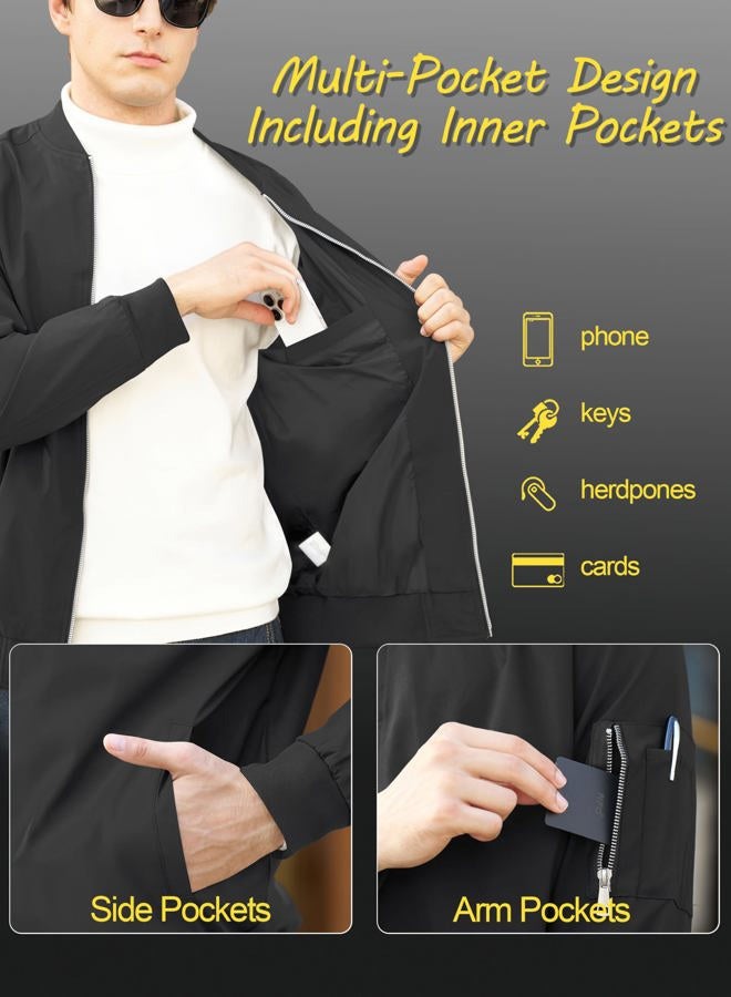 CRYSULLY Mens Lightweight Bomber Jackets Full Zip Up Casual Golf Windbreaker Fashion Stylish Coat with Pocket, Black, S - Image 5