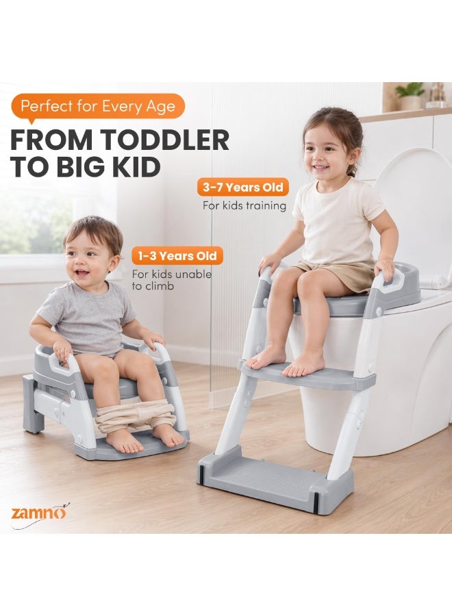 3-in-1 Baby Potty Training Seat with Ladder, Foldable Portable Potty Chair with Step Stool & Handle, Soft Cushion Toilet Seat for Toddler Boys and Girls, Grey - Image 4