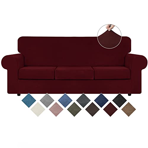 WEERRW Velvet High Stretch Couch Covers for 3 Cushion Couch Sofa Slipcovers Washable Furniture Protector with Non Slip Elastic Bottom Feature Soft and Thick Plush Fabric Burgundy Large