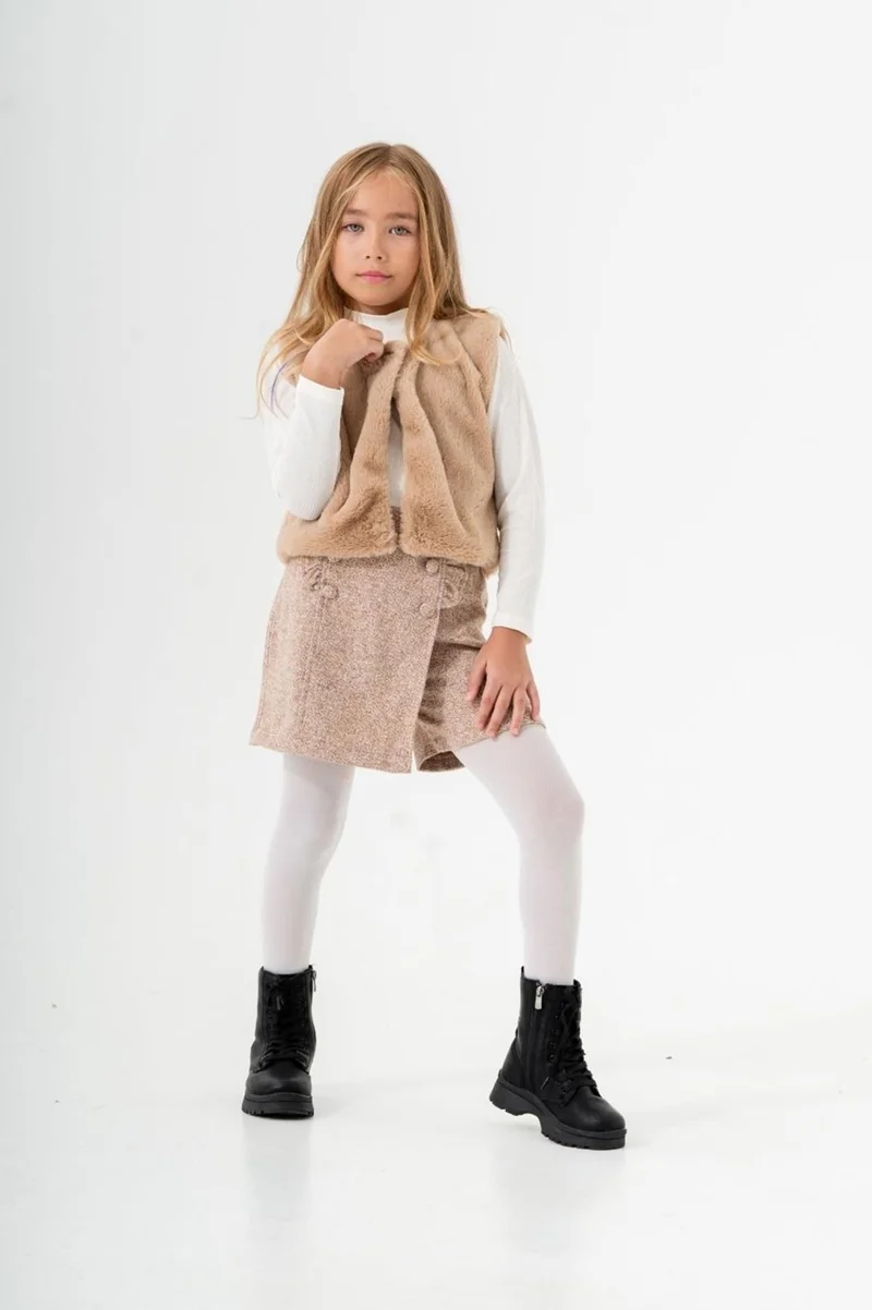 مينيمن جيجيليري My Little Ones Fur Vest Shorts Skirt 3 Piece Girl Child Set - Camel