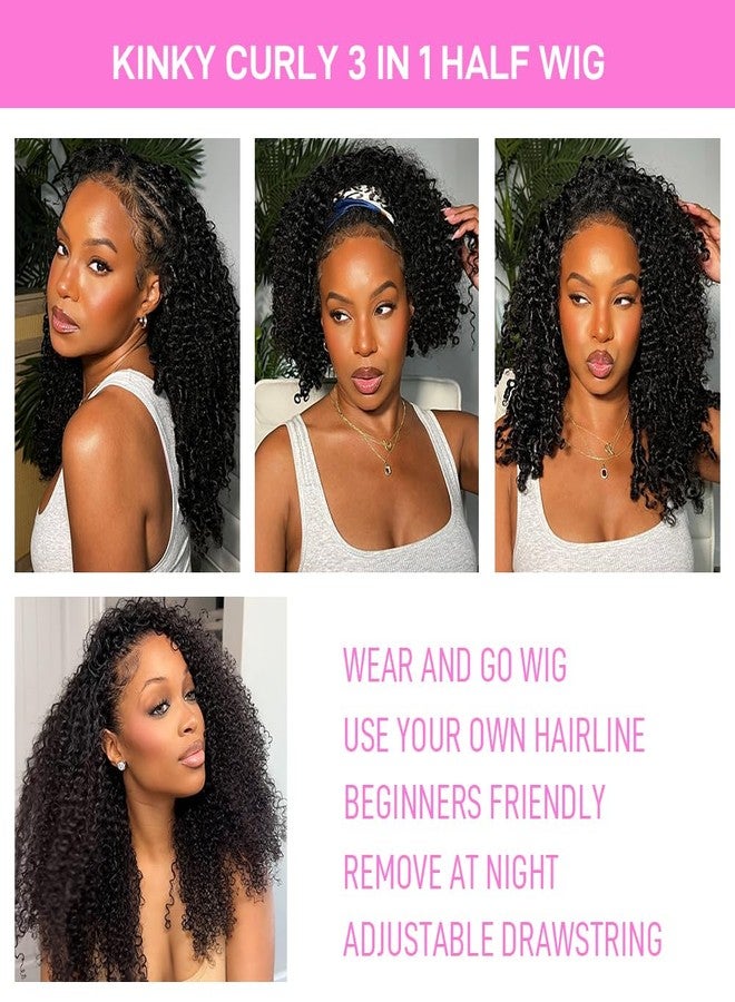 SKYDO 20 Inch Kinky Curly Human Hair Half Wig for Black Women, 3 in 1 Headband Flip Over Drawstring Glueless Wear and Go Wig, 250% Density Natural Color Beginner Friendly - Image 3