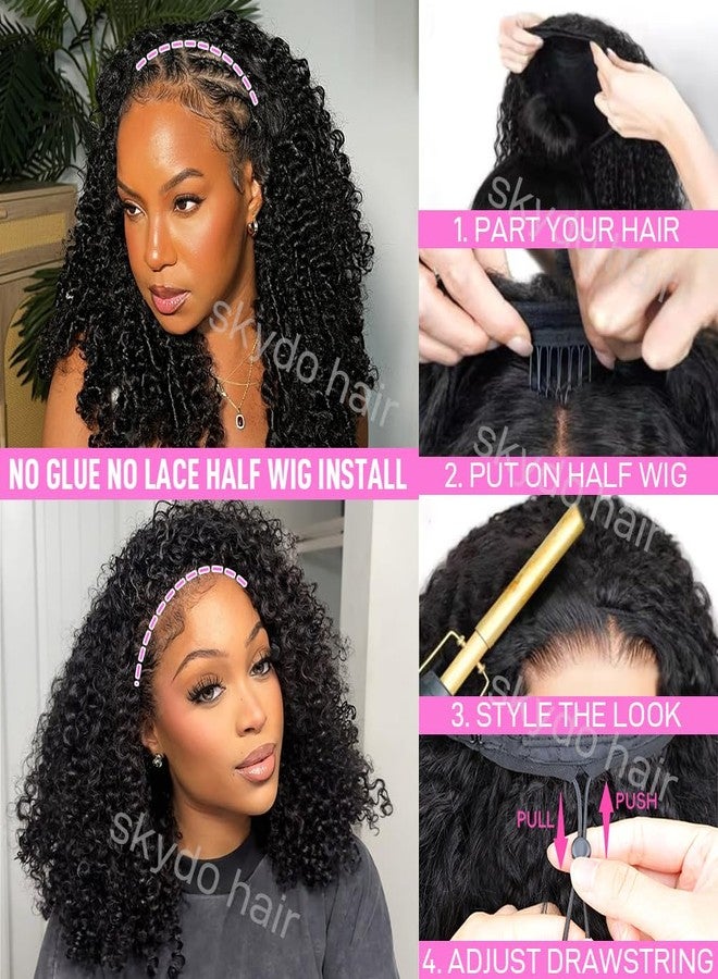 SKYDO 20 Inch Kinky Curly Human Hair Half Wig for Black Women, 3 in 1 Headband Flip Over Drawstring Glueless Wear and Go Wig, 250% Density Natural Color Beginner Friendly - Image 2