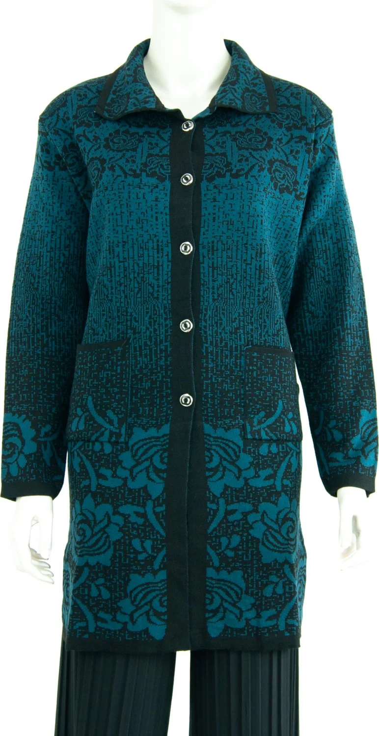 اوبلاند Women's Mom Boutique Cardigan Winter Knitwear High-Red Buttoned Pockets Rose Time Motif Casual Cut Wool Knitwear
