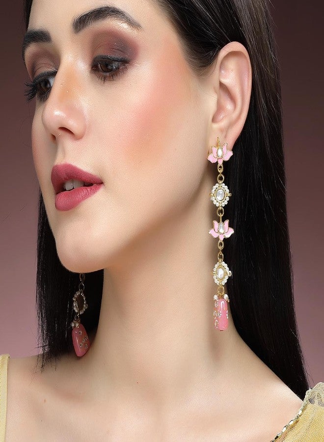 Karatcart Set of 3 Gold Plated Pink Meena Lotus Design Kundan Drop Earrings for Women - Image 3