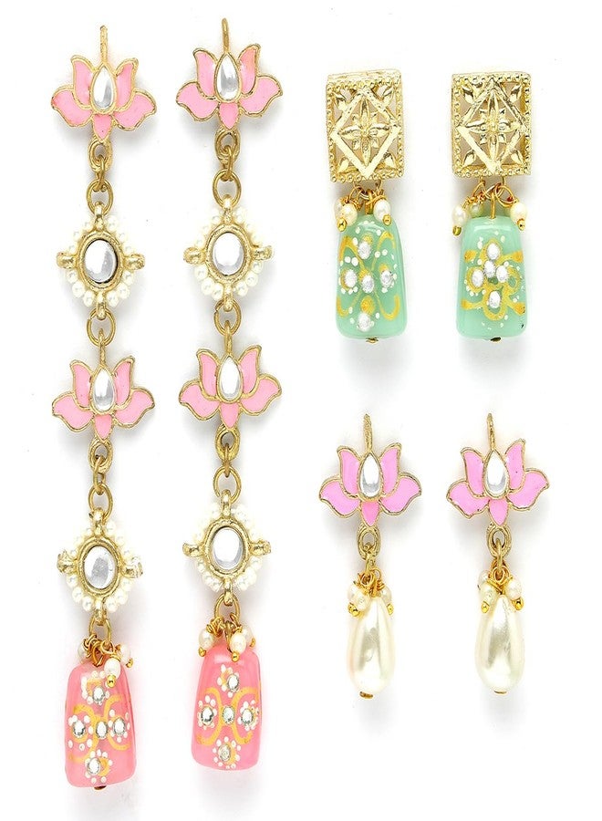 Karatcart Set of 3 Gold Plated Pink Meena Lotus Design Kundan Drop Earrings for Women - Image 5