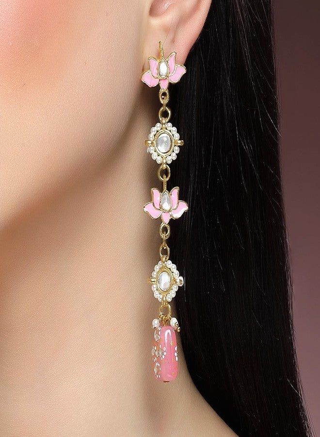 Karatcart Set of 3 Gold Plated Pink Meena Lotus Design Kundan Drop Earrings for Women - Image 2